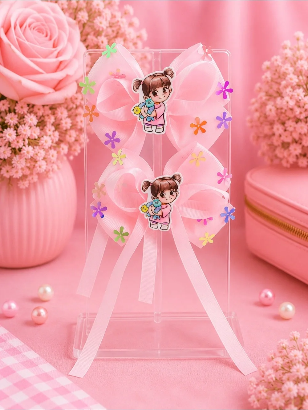 Pink Cartoon Girl Ribbon Hair Bows for Kids with Star Accents
